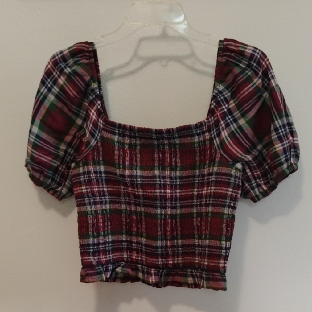 American Eagle Outfitters Red Plaid 100% Cotton Puff Sleeve Blouse